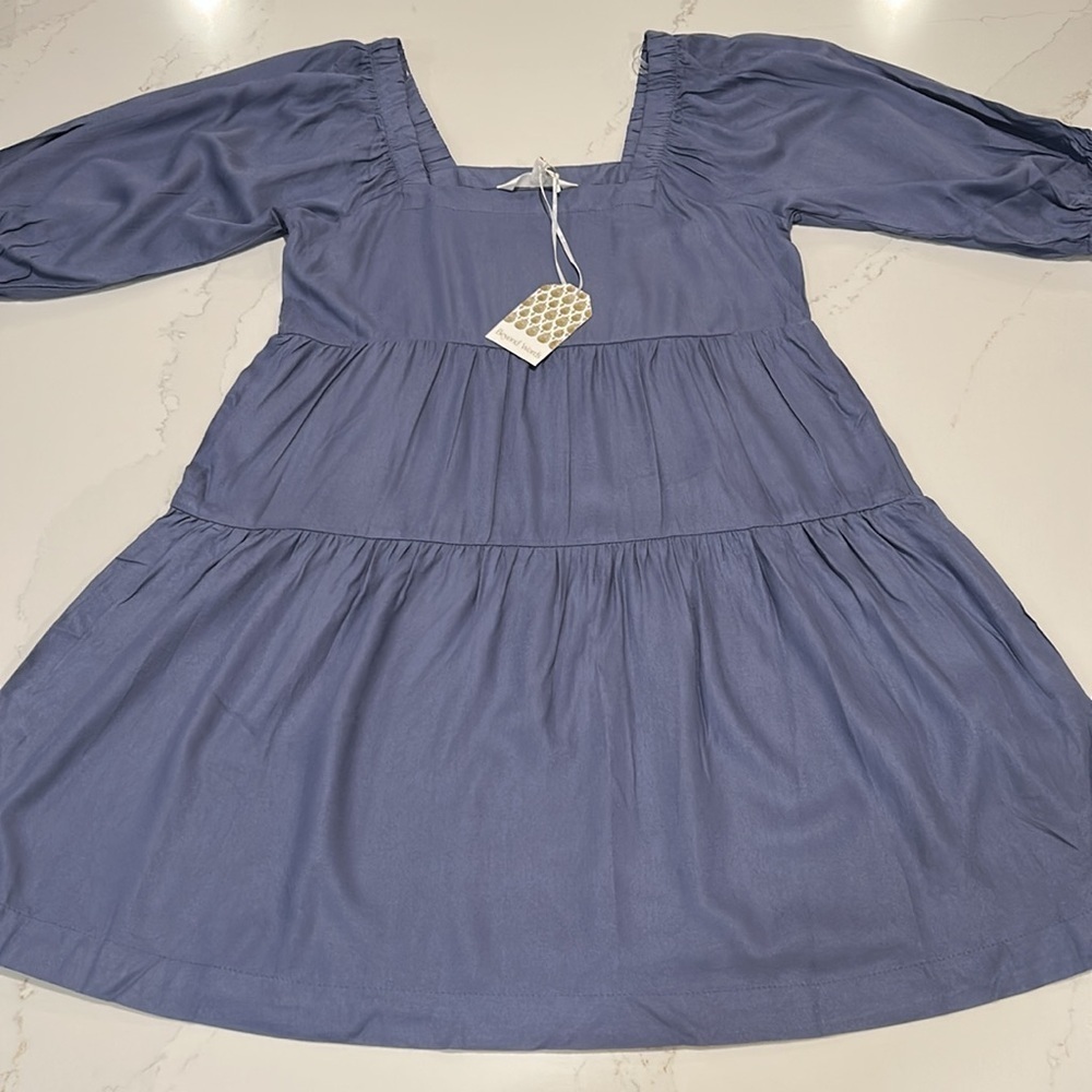 Beyond Words Elegant Blue/purple/gray Peasant Boho Dress Square Neck Sz Small